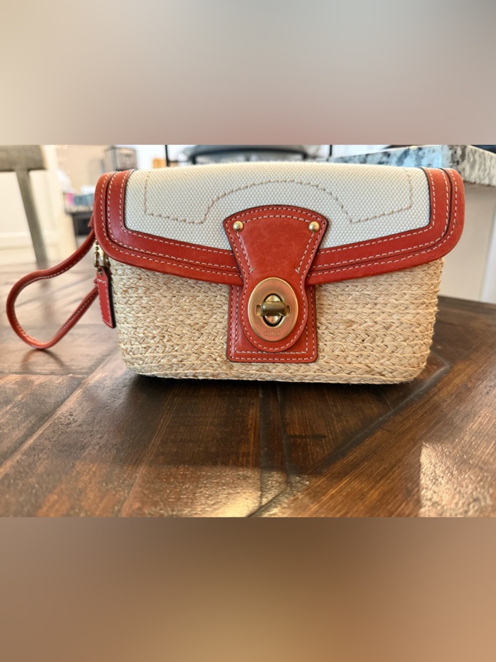 Coach Straw Wristlet with Orange Leather and Cream Canvas Accent